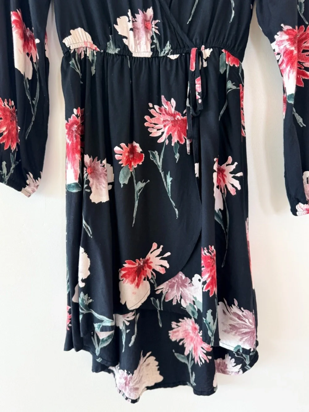 Band of Gypsies Black Pink Floral High-Low Faux Wrap Dress Lace Back Womens XS